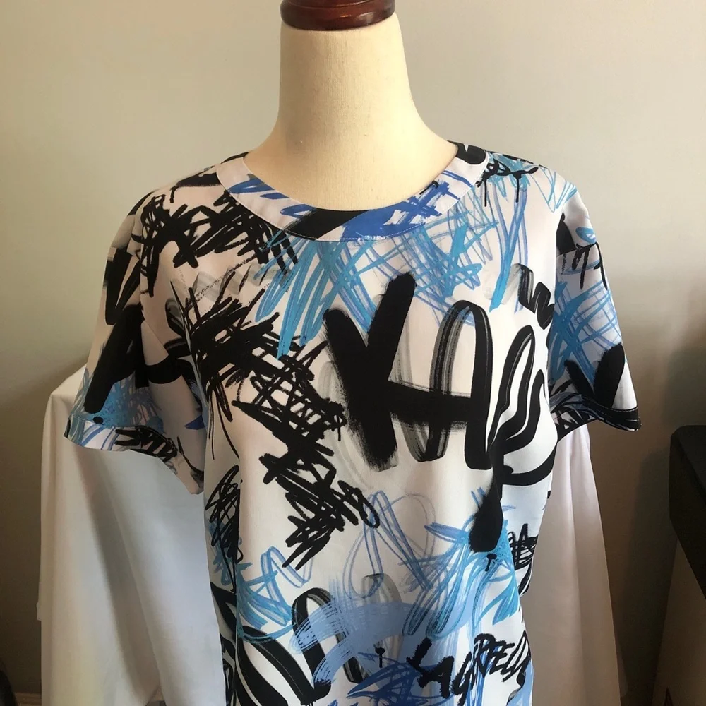 Karl Lagerfeld White Tee with Blue and Black Graffiti Print - Picture 2 of 11
